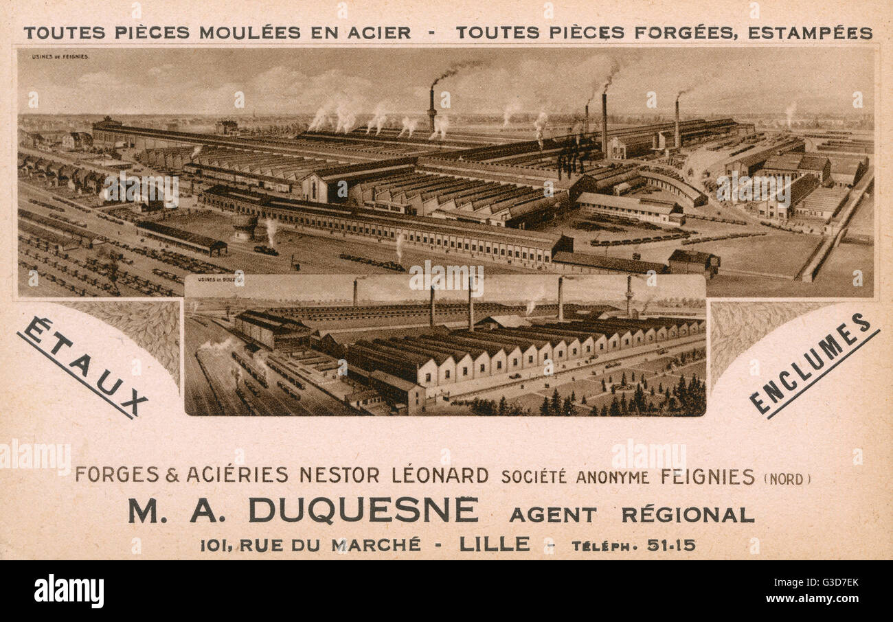 Postal promocional para el agente regional (M. A. Duquesne) para el Nestor Leonard Ferrería y acerías de la Societe Anonyme Feignies (Nord) en Lille, Francia (en la foto). Fecha: circa 1910 Foto de stock