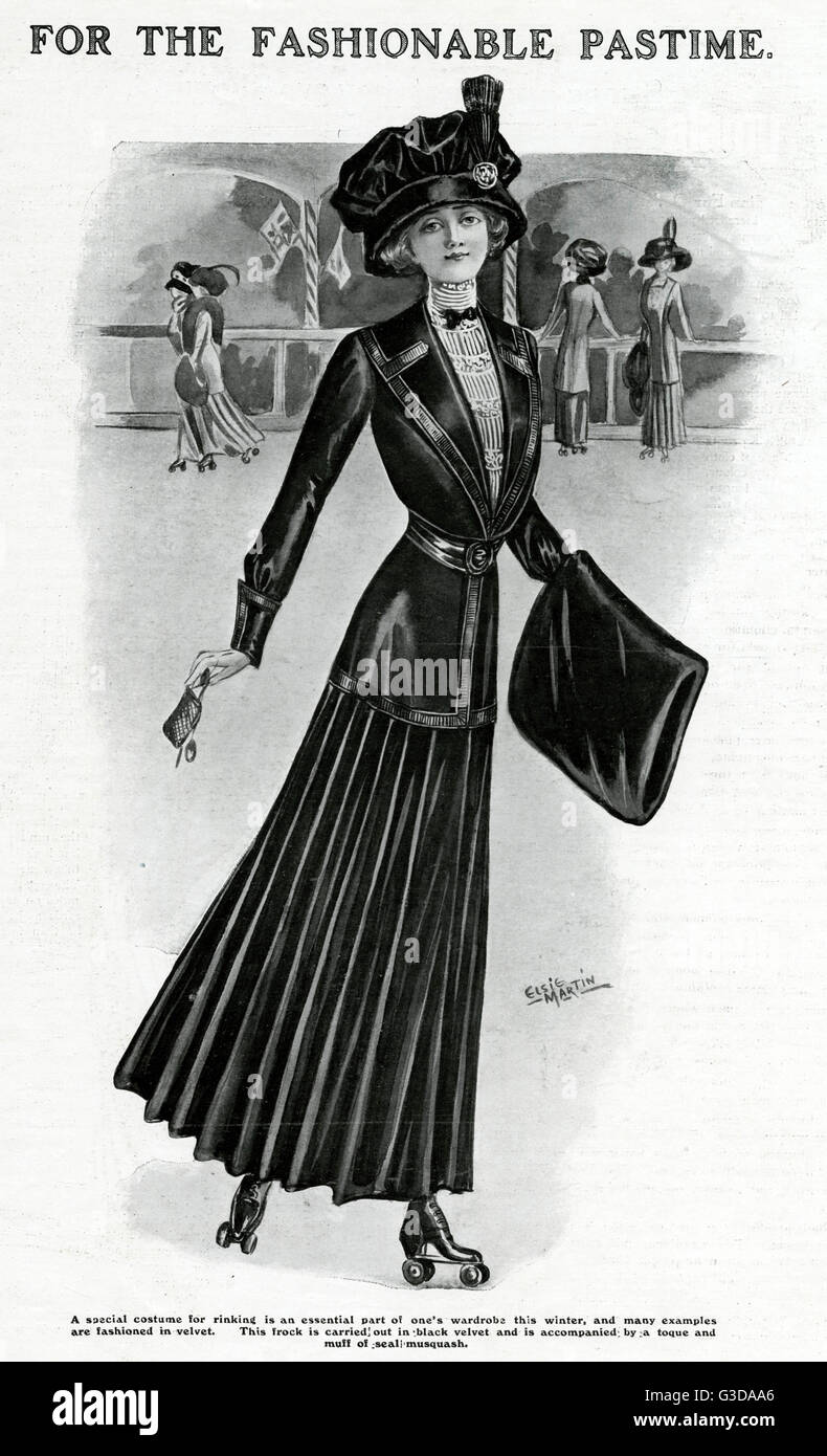 Edwardian mujer patinando, vistiendo un traje de terciopelo negro. Fecha: 1909 Foto de stock