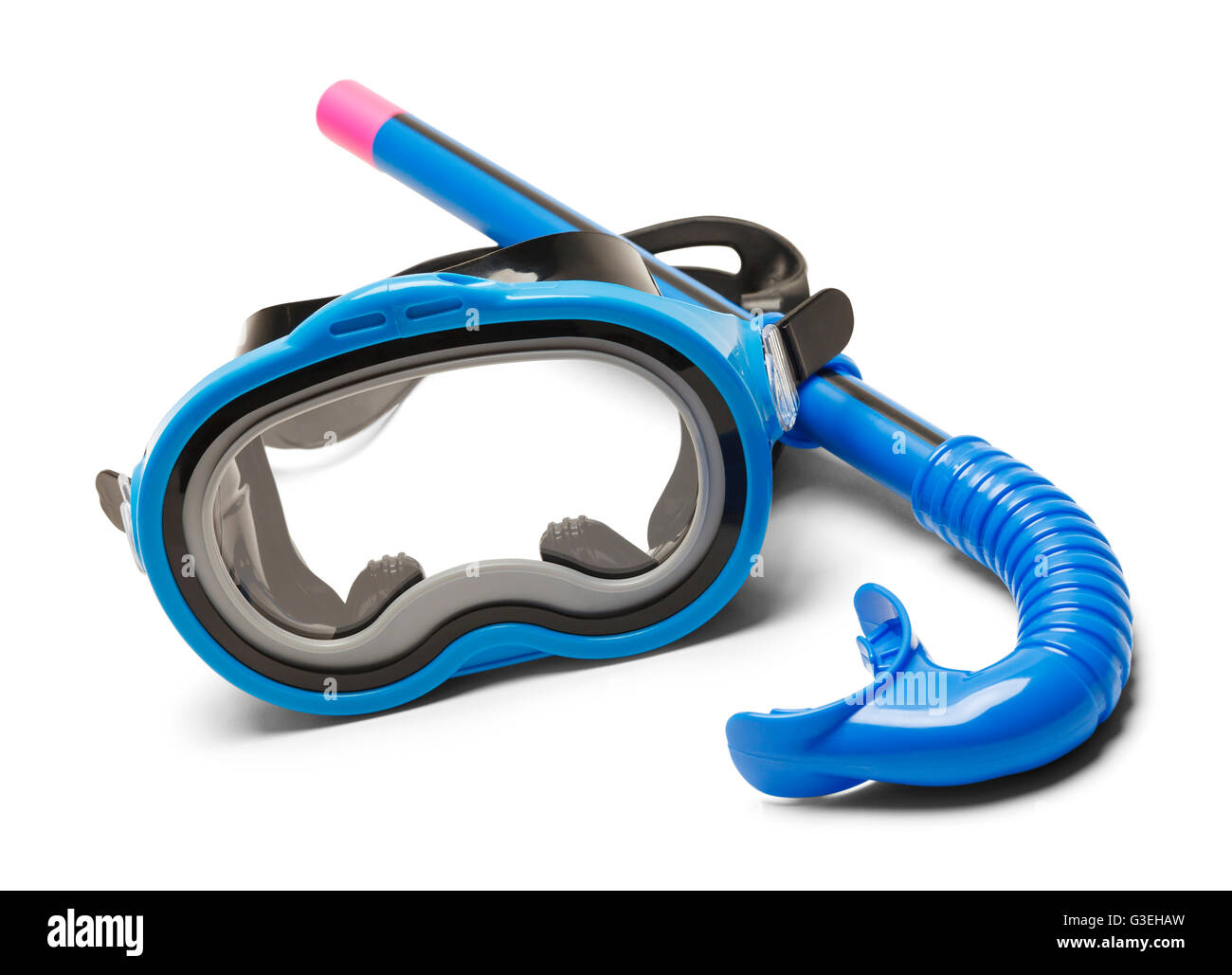 Máscara de buceo y snorkel azul aislado sobre fondo blanco. Foto de stock