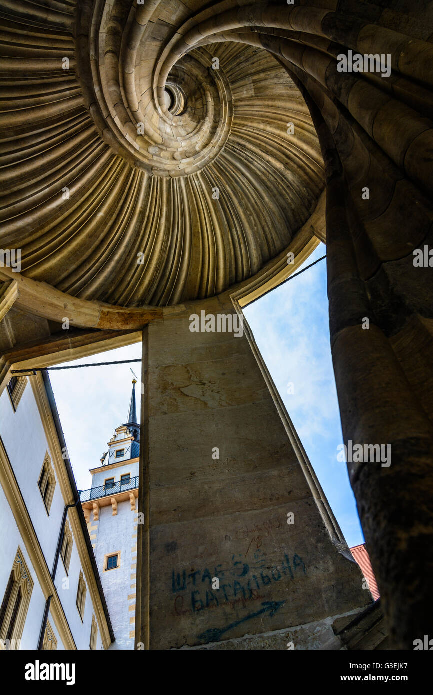 Castillo Hartenfels: escalera de caracol, Hausmannsturm, Alemania, Sajonia, Sajonia, , Torgau Foto de stock