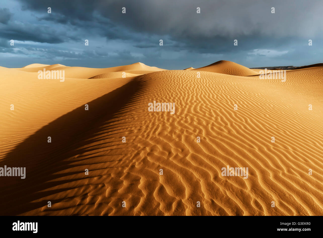 Sahara dunas de arena con tormentoso, cielo nublado. Foto de stock