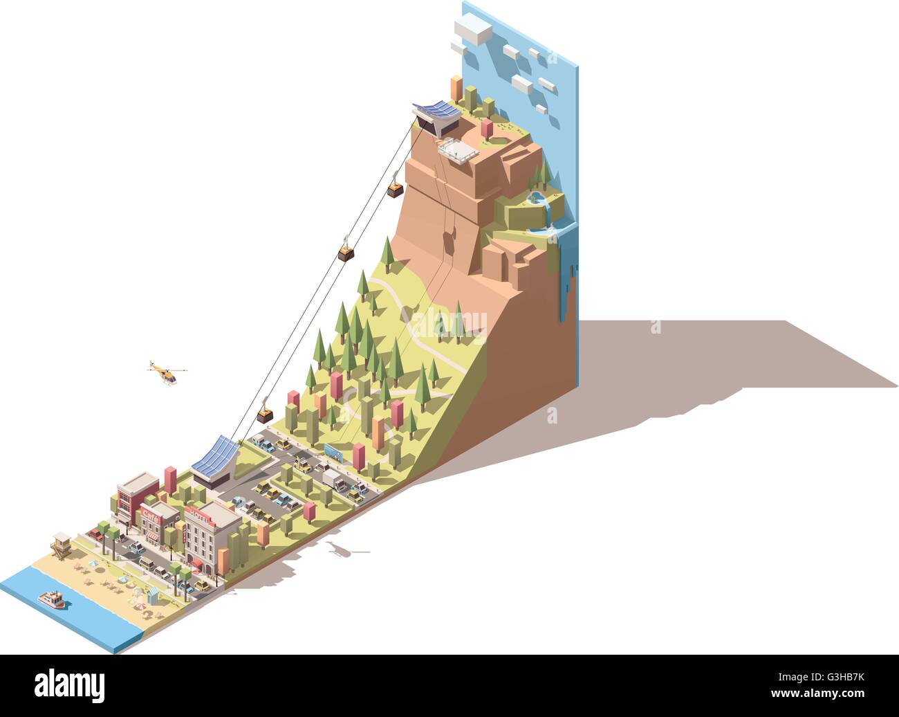 Vector isométrica teleférico desde la playa hasta la colina infográfico Ilustración del Vector