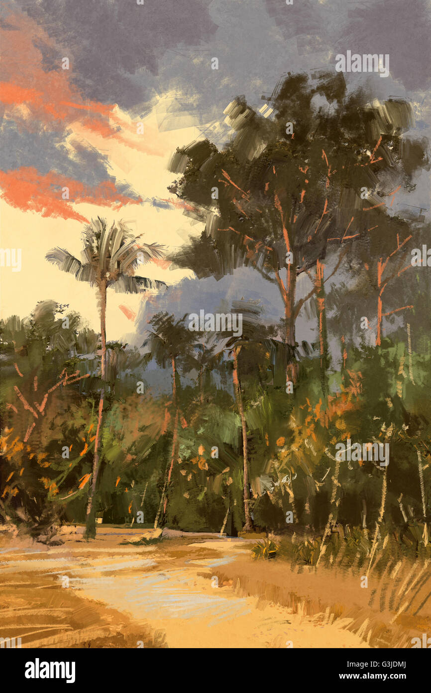 Pintura de paisaje de verano,la carretera que conduce a la selva tropical Foto de stock