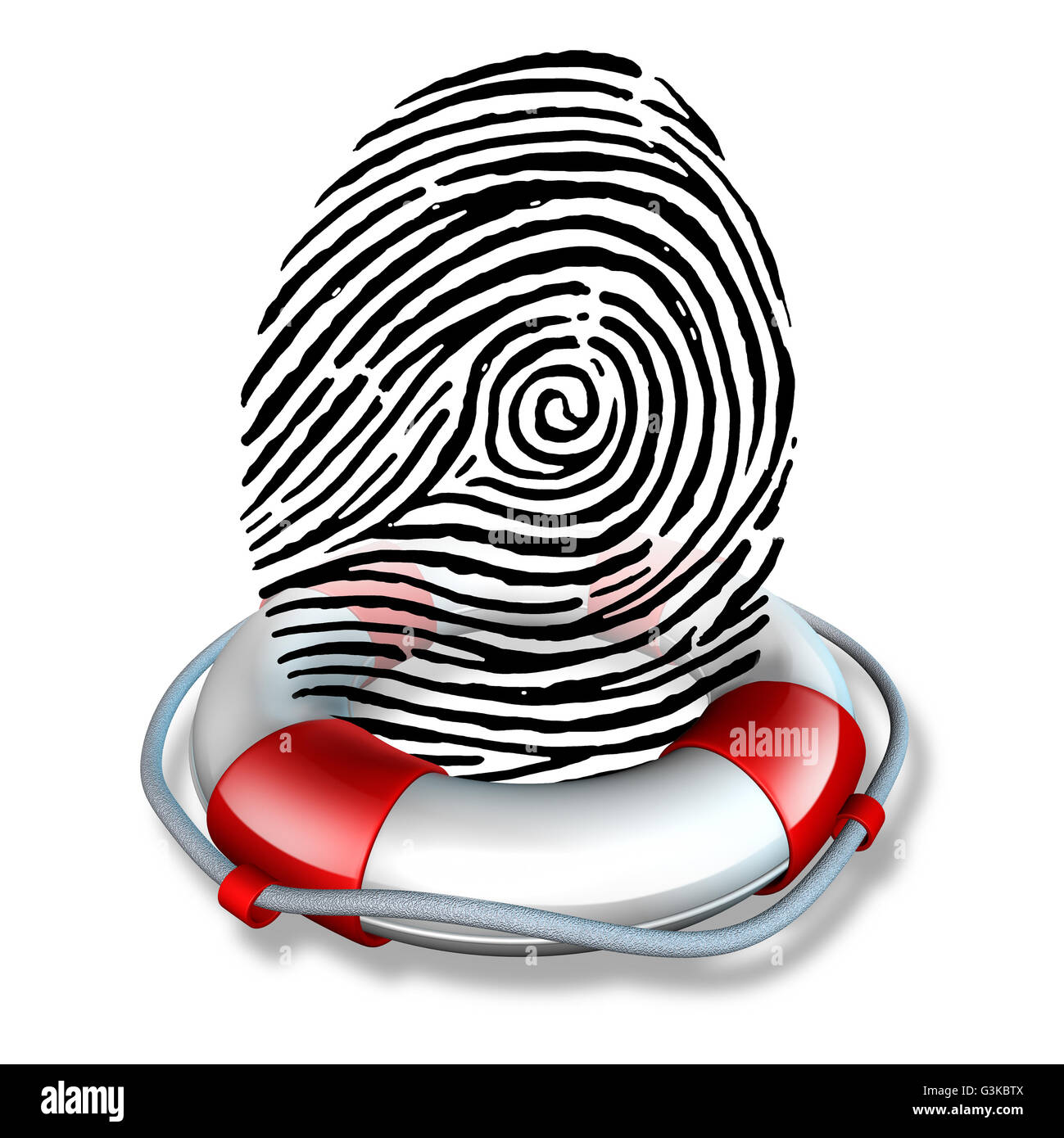 Seguridad de identidad y seguridad de identificación ID o la protección contra el fraude como un salvavidas lifebelt protegiendo una huella dactilar o huella dactilar icono como un símbolo para rescatar los datos personales y la información de los consumidores protección como una ilustración 3D. Foto de stock
