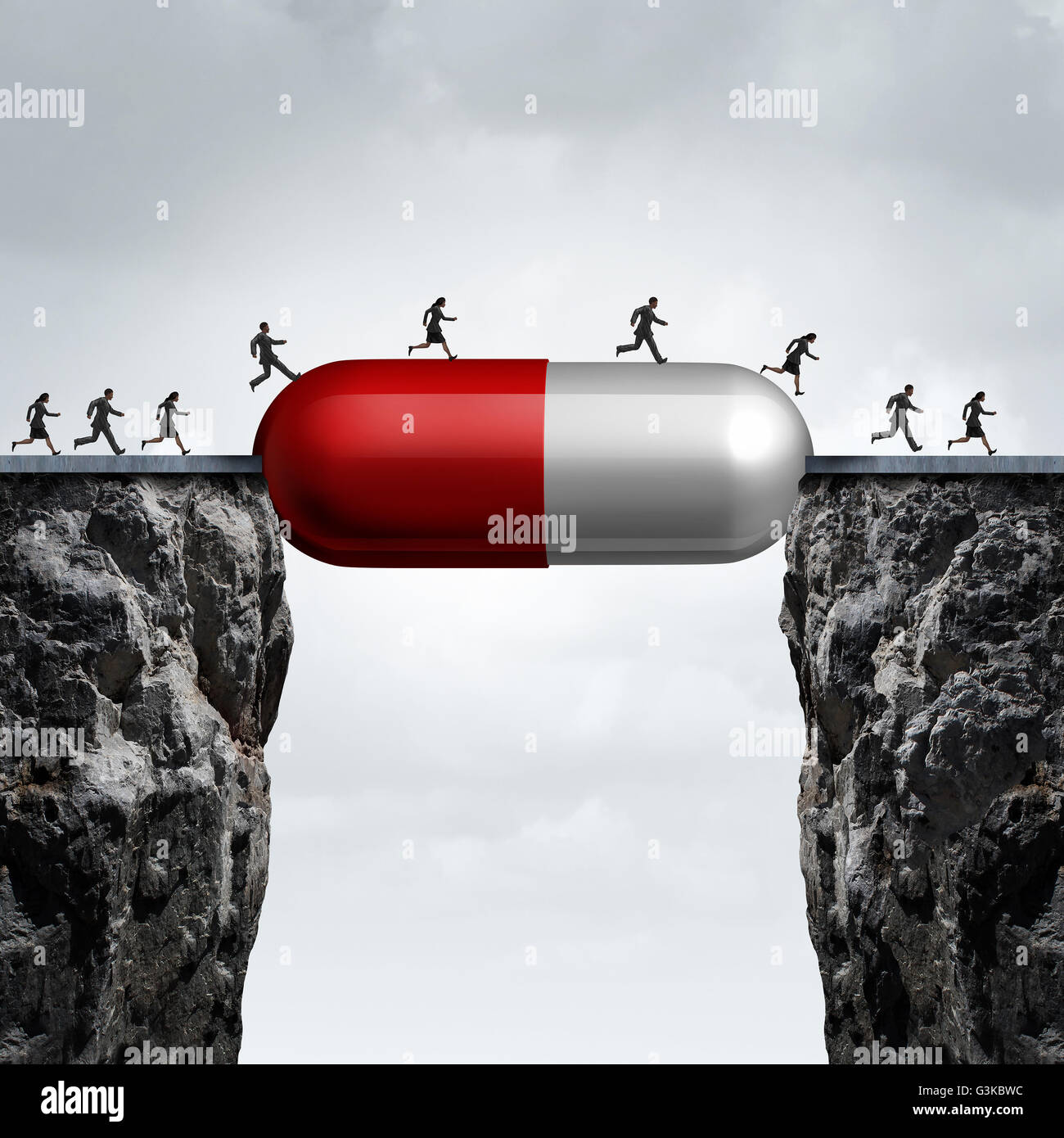 Solución de medicina y medicamento cura concepto como un grupo de personas corriendo por dos acantilados con una prescripción píldora creando. Foto de stock