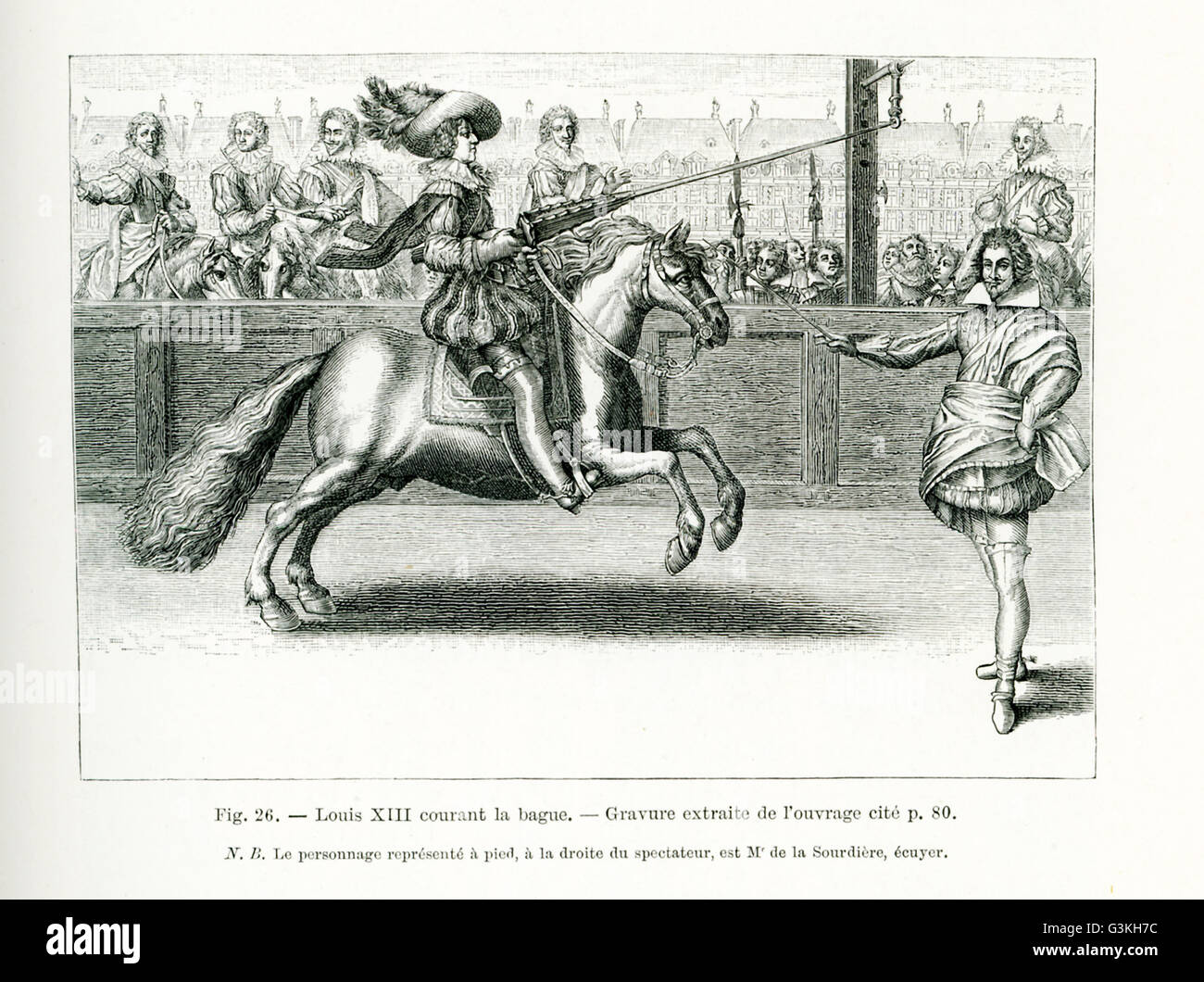 El título de este grabado se lee: Louis XIII entra en el ring. La persona de pie a la derecha es Squire M. de la Sourdiere. Fue un monarca de la Casa de Borbón. Él gobernó como rey de Francia desde 1610 hasta 1643. También se desempeñó como rey de Navarra desde 1610 hasta 1620 cuando la corona de Navarra fue parte del reino de Francia. Luis XIII fue el hijo de María de Médicis y Enrique IV de Francia. Foto de stock