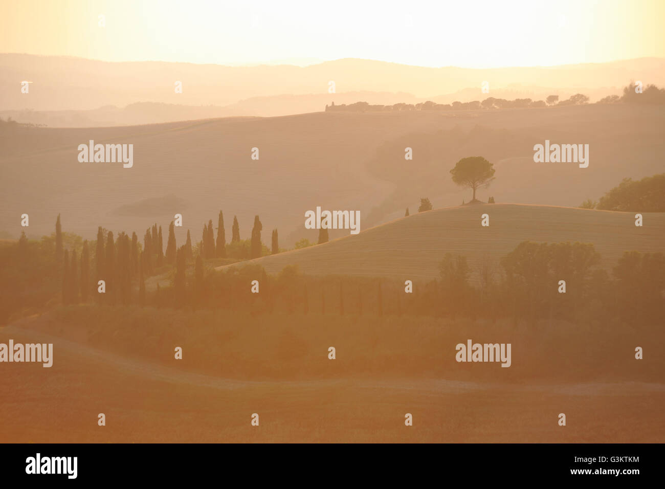 Paisaje con colinas distantes en el brumoso amanecer, Toscana, Italia Foto de stock