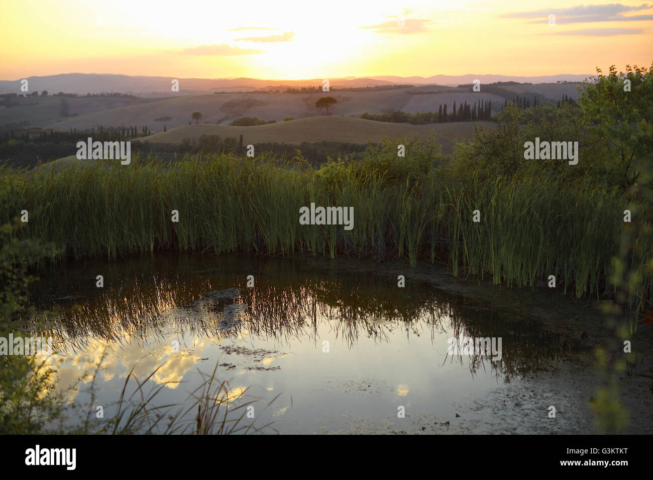 Estanque y un paisaje de colinas lejanas al amanecer, Toscana, Italia Foto de stock