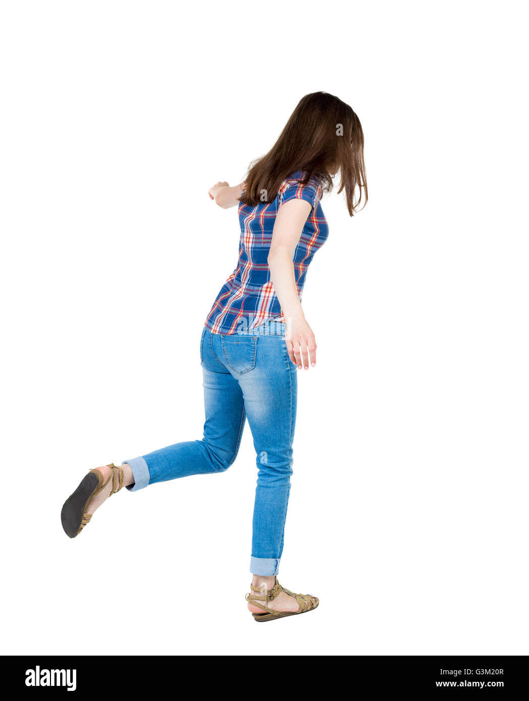 Vista posterior mujer saldos agitando los brazos. Joven permanente en  pantalones vaqueros. Vista trasera de la gente colección. Vista posterior  de la persona. Aislado sobre fondo blanco. Una niña en una accidentada