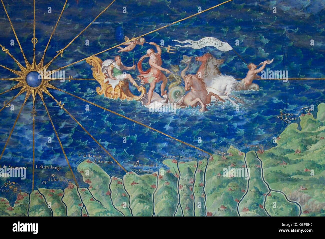 Poseidón se levanta con su carro desde el mar, Detalle de mapa de Liguria, la Galería de los mapas, los Museos del Vaticano, Roma, Italia Foto de stock
