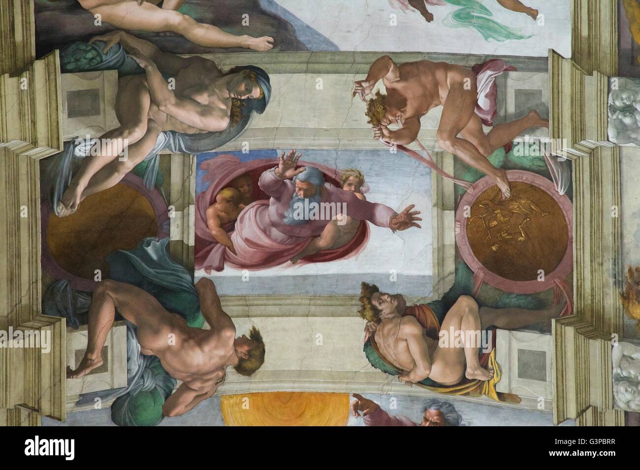 Dios dividiendo las aguas fresco, en el techo de la Capilla Sixtina, por Buonarroti Michelangelo, 1508-1512, los Museos del Vaticano, Roma, Italia Foto de stock