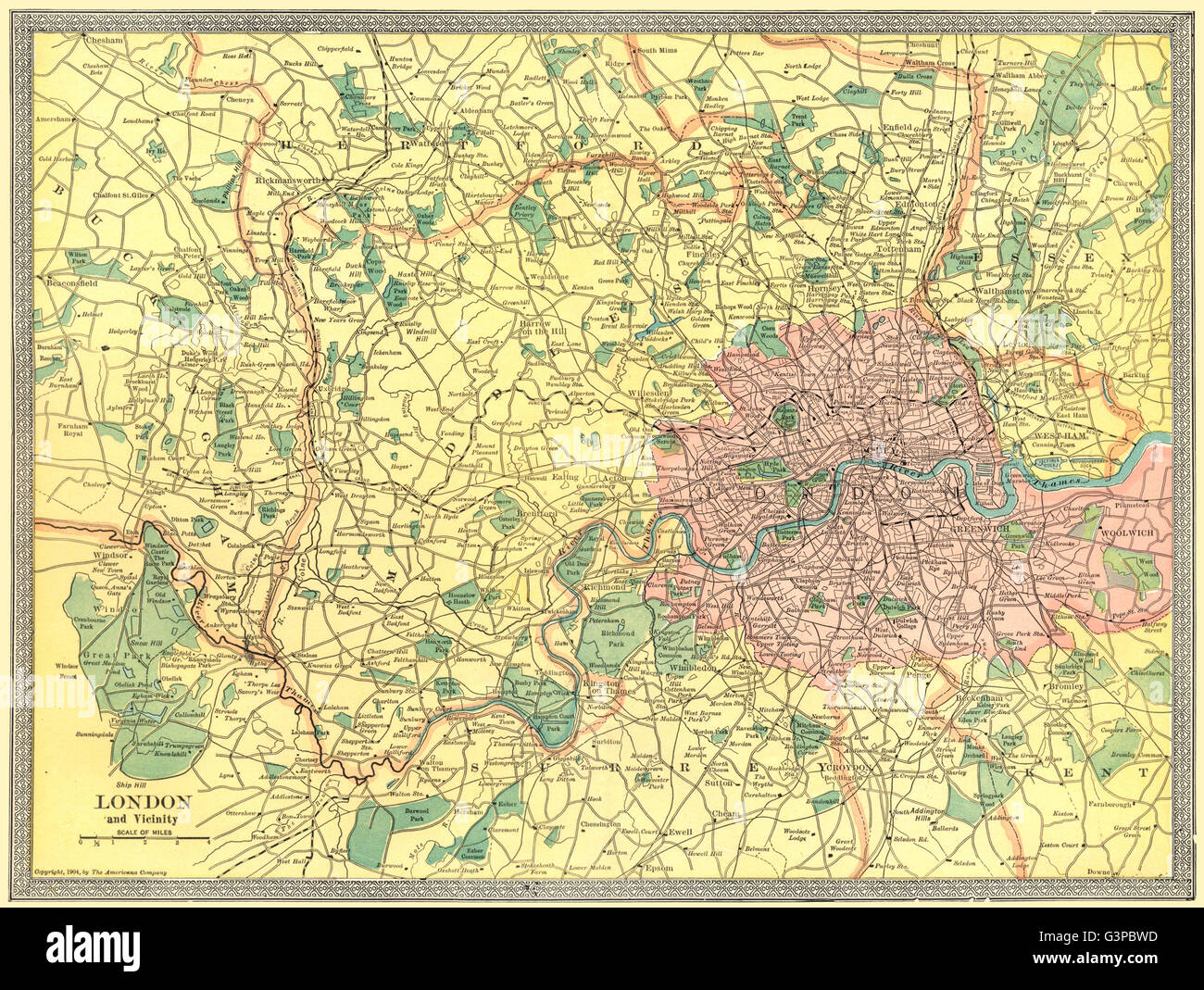 LONDON & valle del Támesis. Casa de los condados. Canales, 1907 mapa antiguo Foto de stock