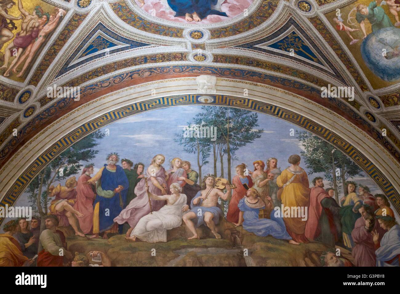 Parnaso. 1509-10, Sala de la firma, Rafael Salas, Palacio Apostólico, los Museos del Vaticano, Roma, Italia Foto de stock