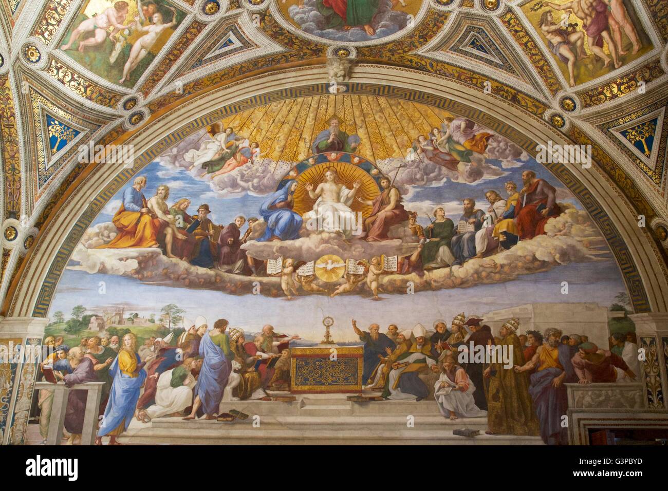 Disputa del Sacramento. 1508-1509, Sala de la firma, Rafael Salas, Palacio Apostólico, los Museos del Vaticano, Roma, Italia Foto de stock