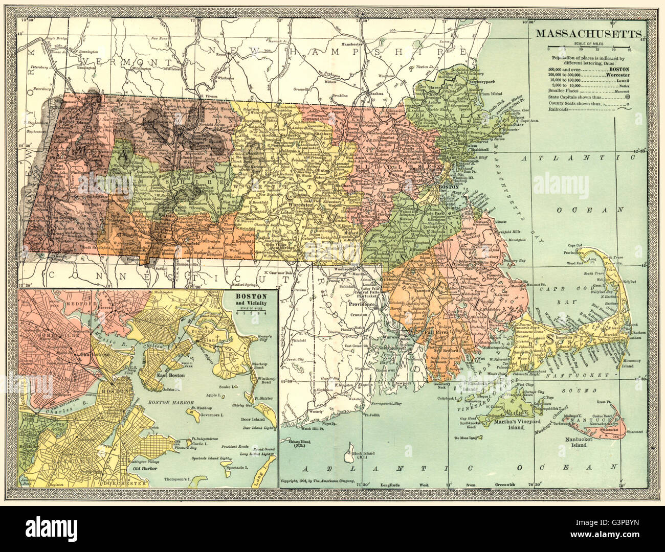 Mapa del estado de Massachusetts. Los condados. Recuadro plan de la