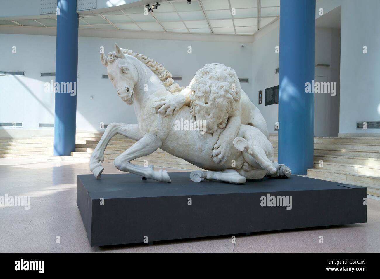 León atacando a un caballo, mármol griego, modificado en 1594 por Ruggero Bascape, Museo Capitolino, Roma, Italia Foto de stock