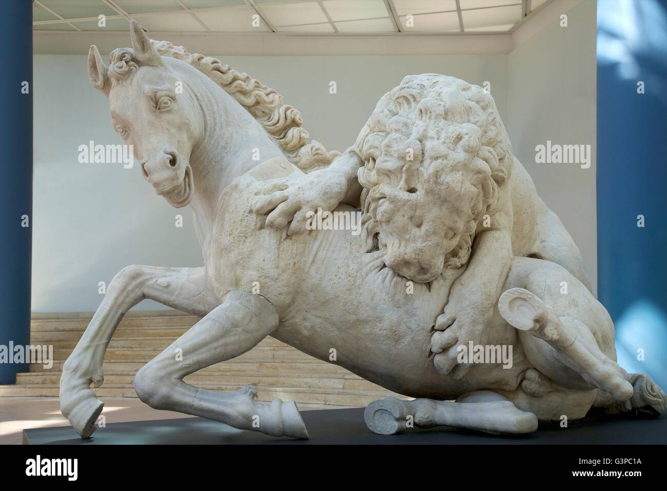 León atacando a un caballo, mármol griego, modificado en 1594 por Ruggero Bascape, Museo Capitolino, Roma, Italia Foto de stock