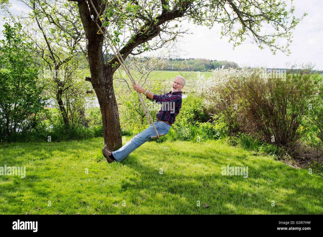 Suecia, Vastergotland, Senior hombre sentado en el columpio Foto de stock