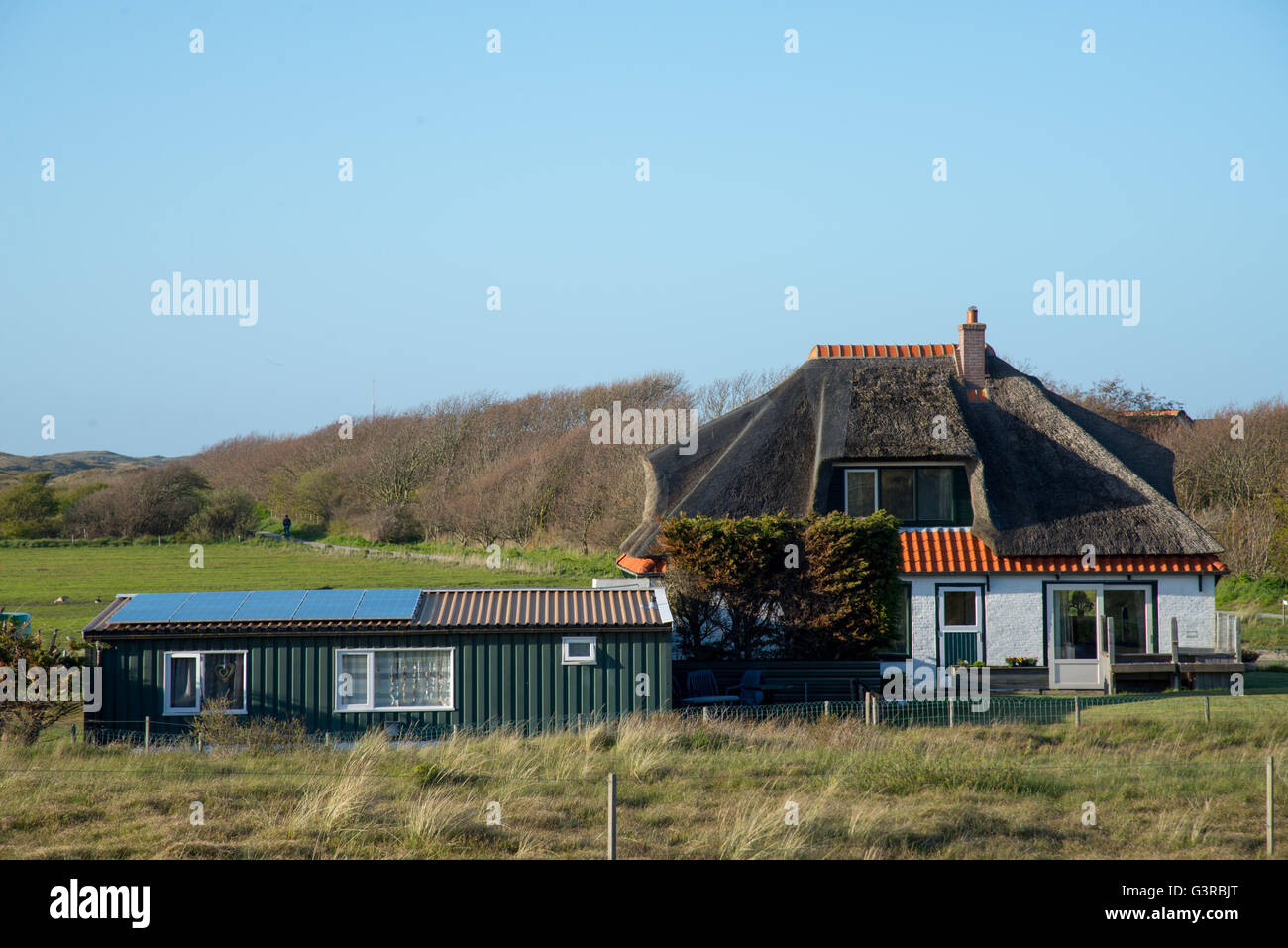 Casa tradicional con techo de paja y madera texel derramada en Holanda Foto de stock