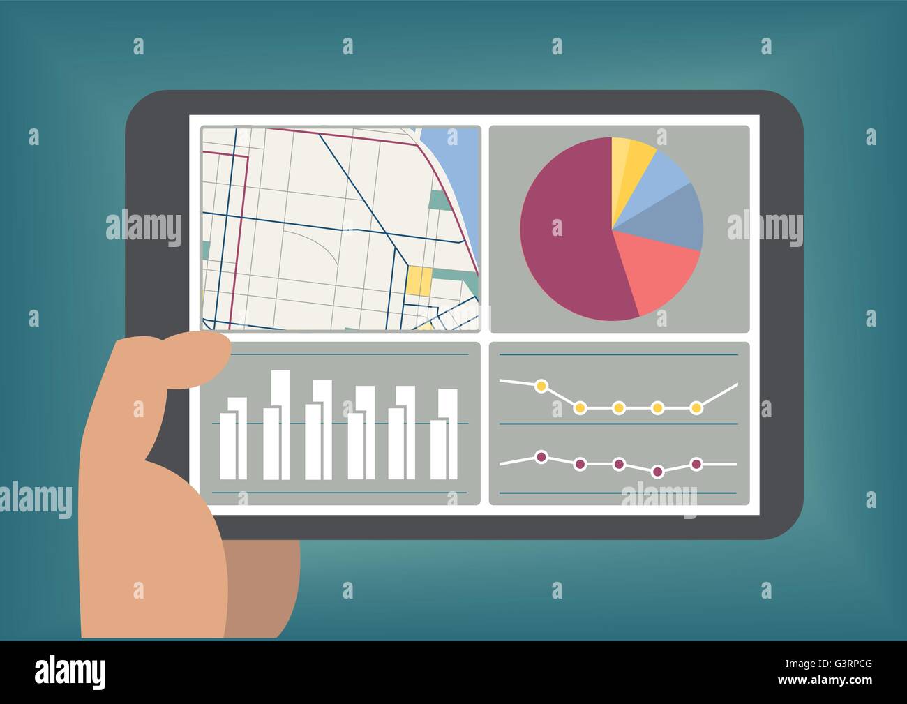 Gran cantidad de datos y analytics Dashboard aparece en la pantalla de Tablet PC como ilustración vectorial Ilustración del Vector
