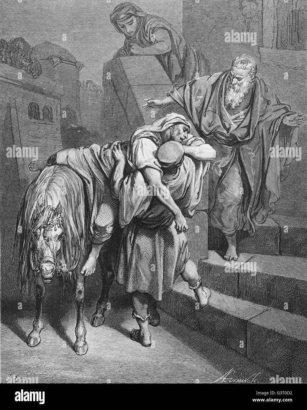 La llegada del buen samaritano en el Inn. Lucas 10:34. Grabado de Gustave Doré. Siglo xix. Foto de stock