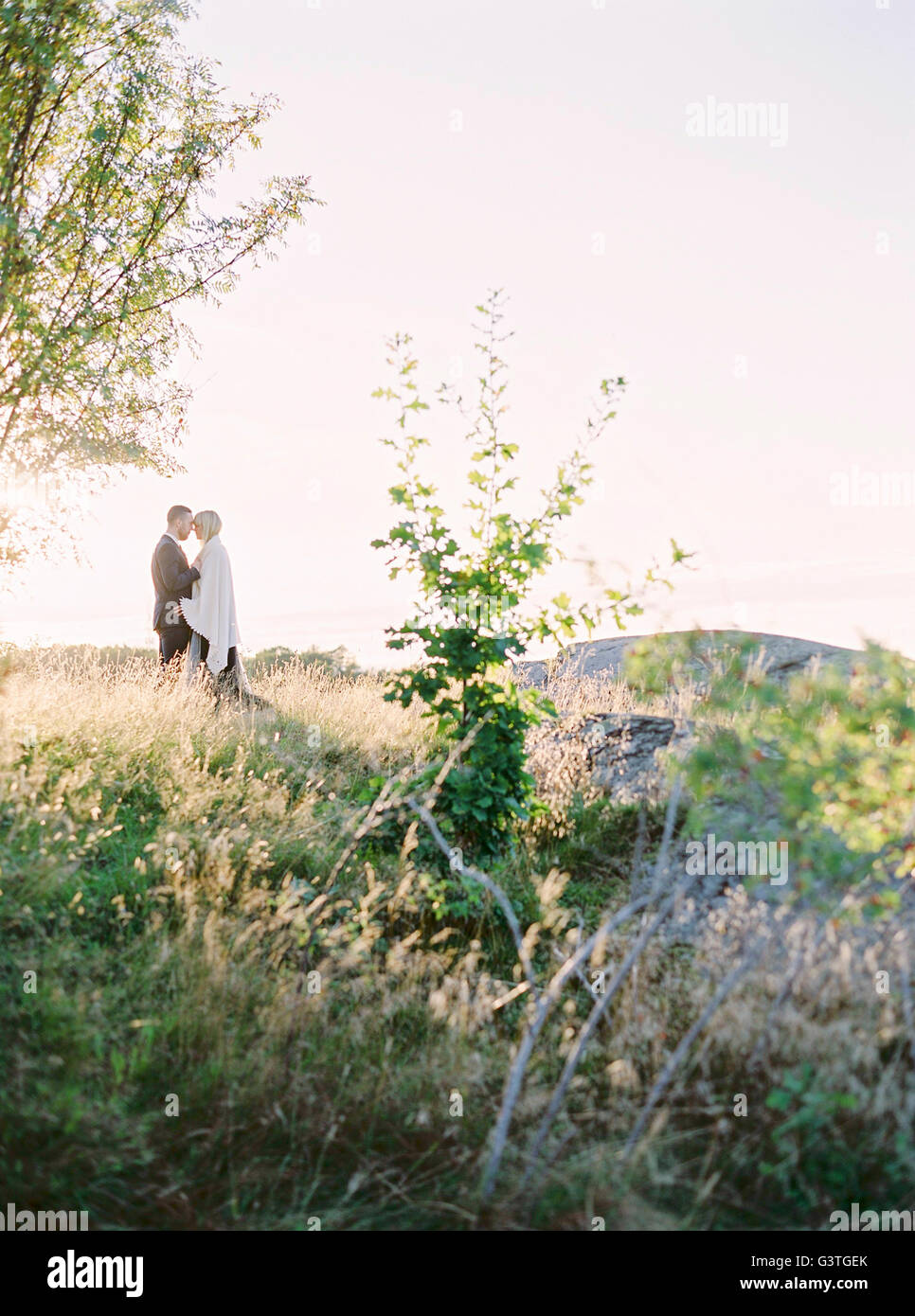 Suecia, la novia y el novio de pie frente a frente en el césped Foto de stock