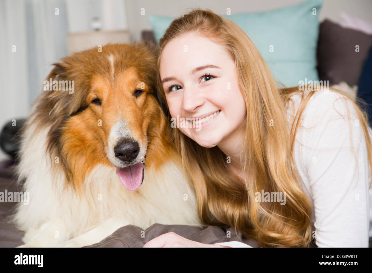Retrato de una adolescente (14-15) y el perro collie tumbado en la cama Foto de stock