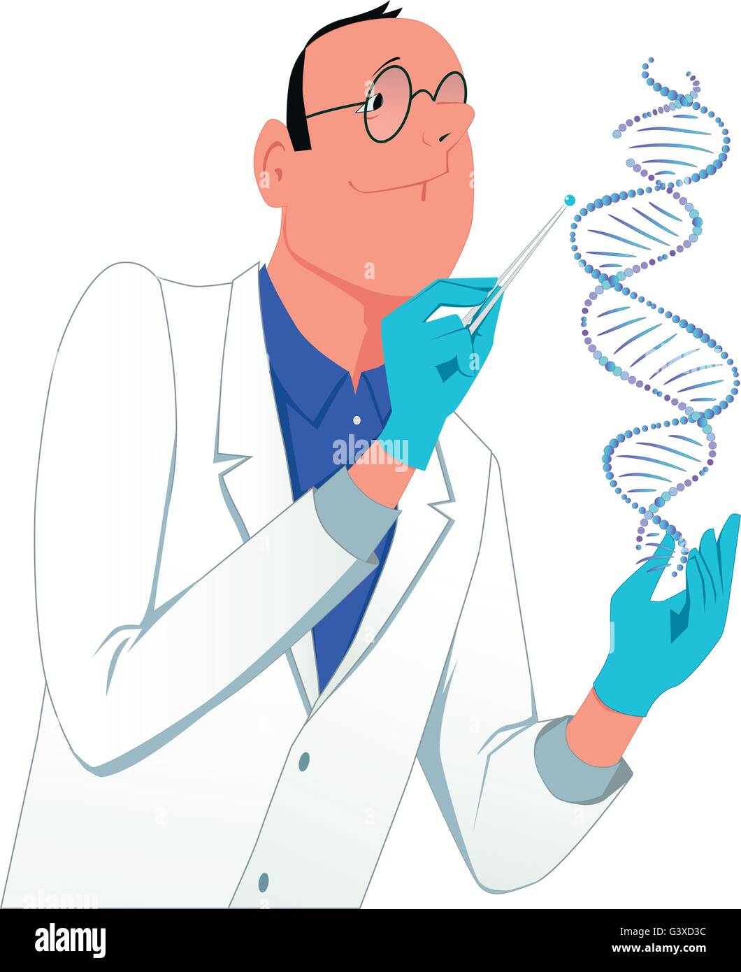 La ingeniería genética. Un hombre en una bata de laboratorio de modificación de una molécula de ADN, vectores cartoon, aislado en blanco Ilustración del Vector