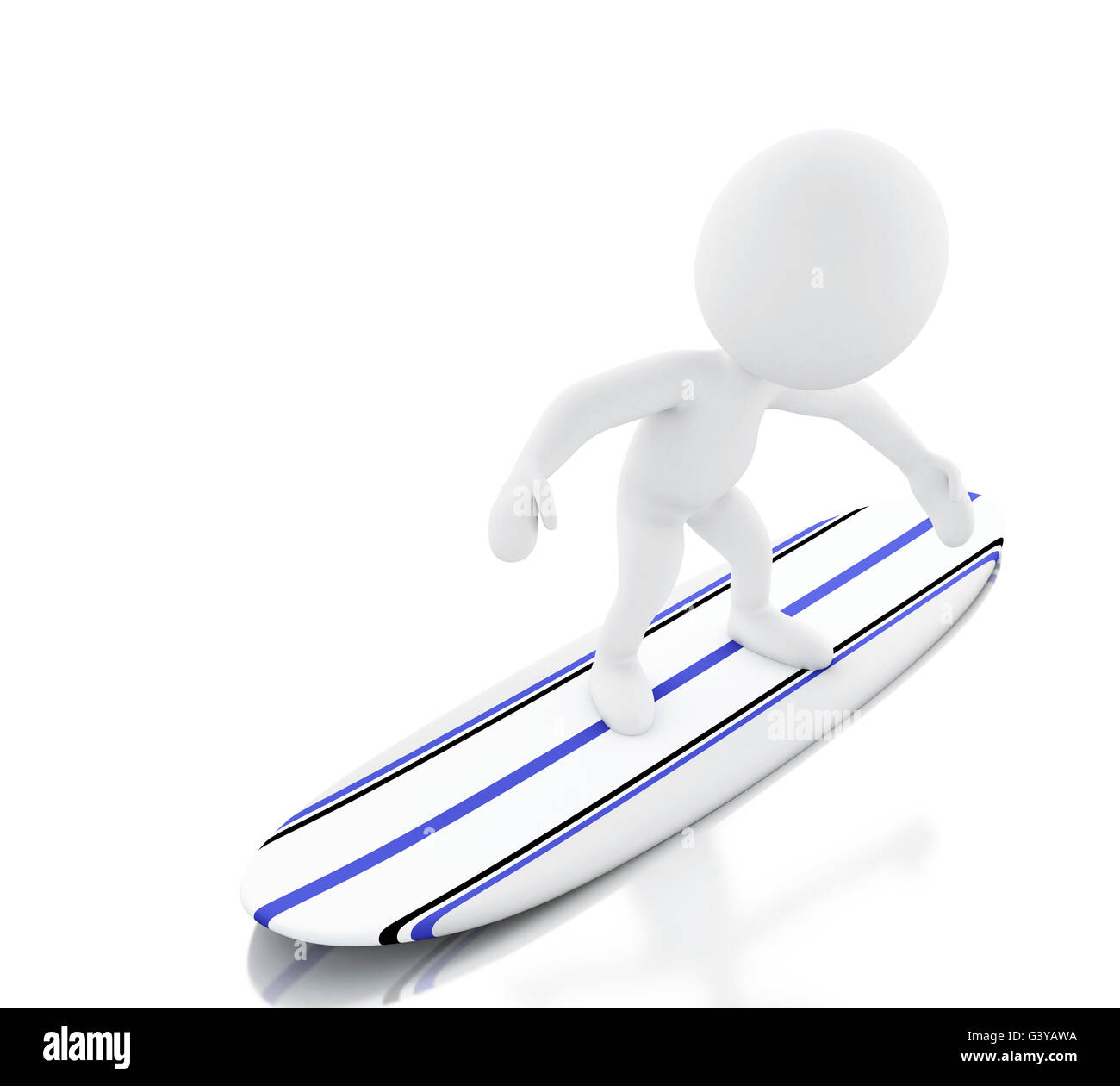 Renderer 3d imagen. La gente blanca de surf en tabla de surf. Concepto de deporte. Fondo blanco aisladas. Foto de stock