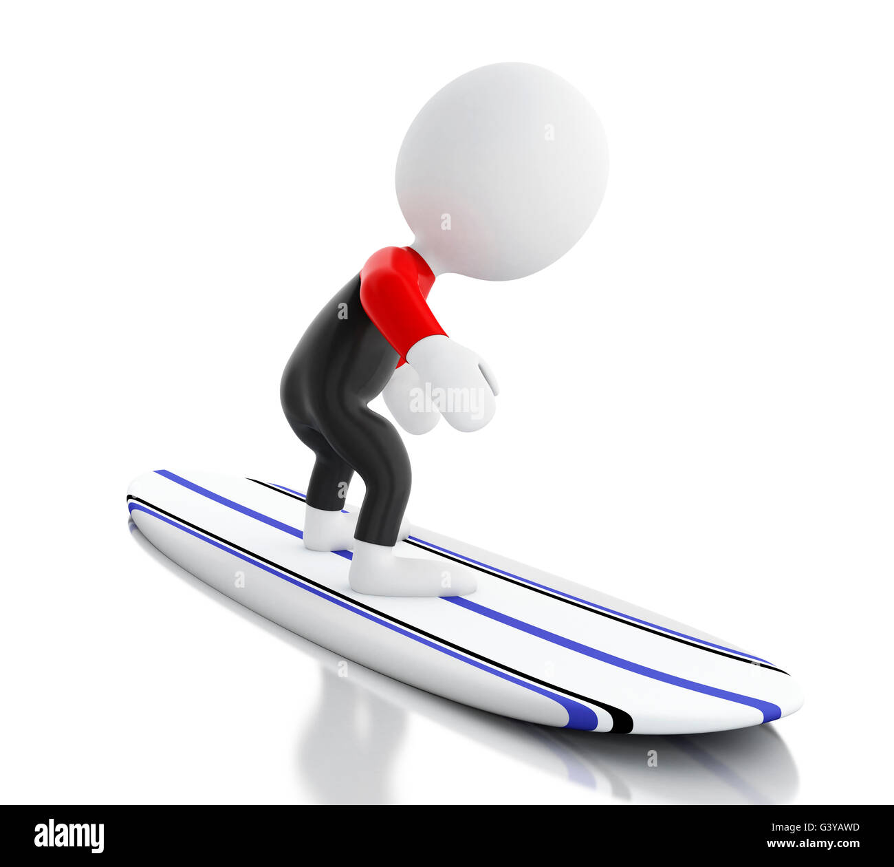 Renderer 3d imagen. La gente blanca de surf en tablas de surf y usar el equipo. Concepto de deporte. Fondo blanco aisladas. Foto de stock