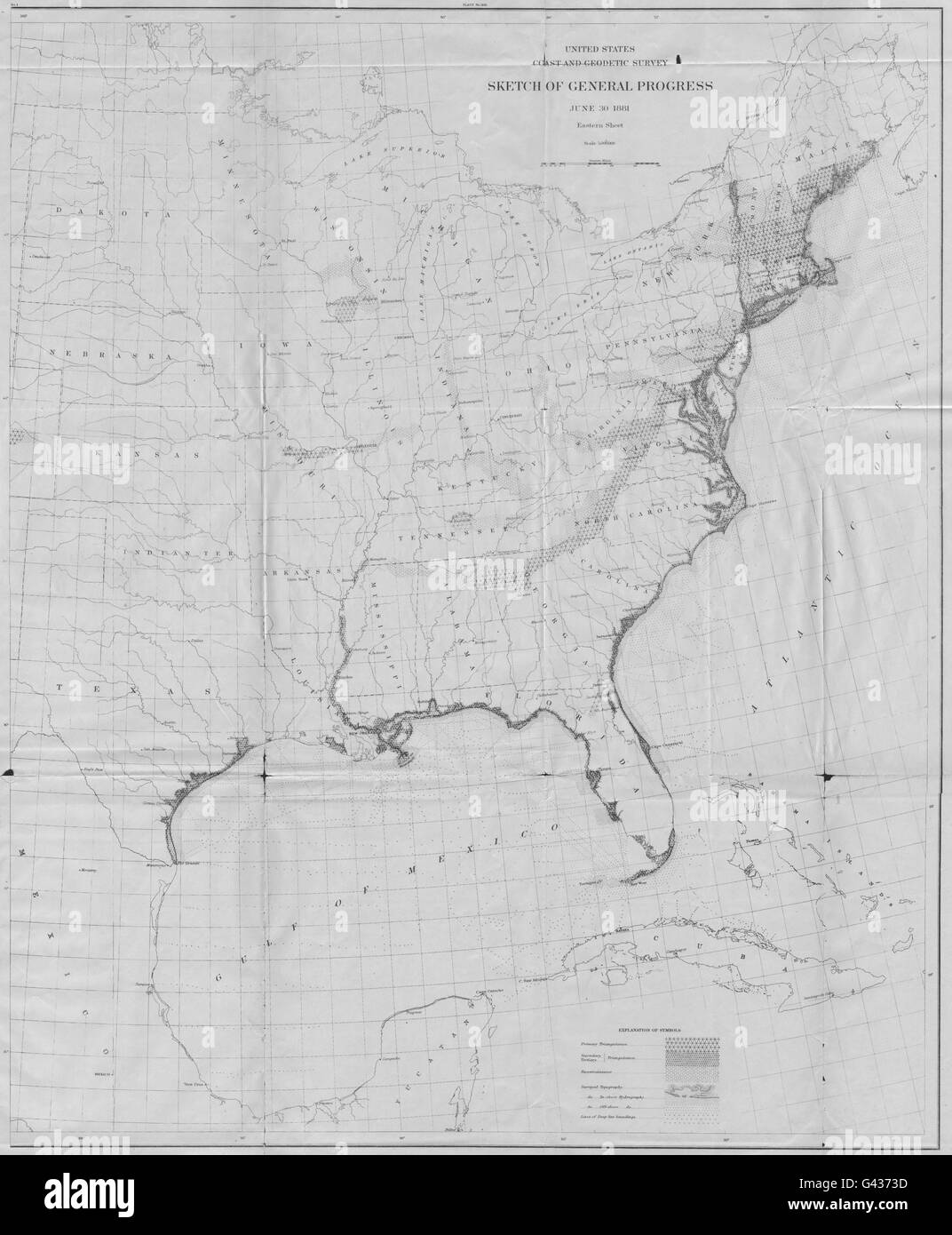 Estados Unidos: Nosotros USCGS estudio geodésico y costera oriental de 1881 hojas, 1881 mapa antiguo Foto de stock