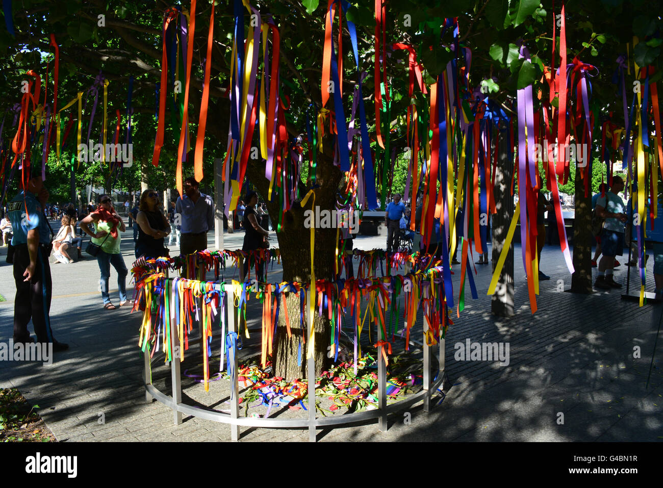 Árbol superviviente en Ground Zero decorada en honor de las vidas perdidas en el tiroteo en un club nocturno gay en Orlando. Foto de stock