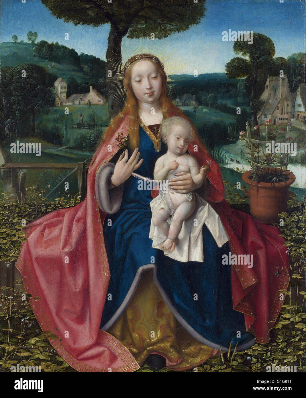 Atribuido a Jan Provoost - La Virgen y el niño en un paisaje Foto de stock
