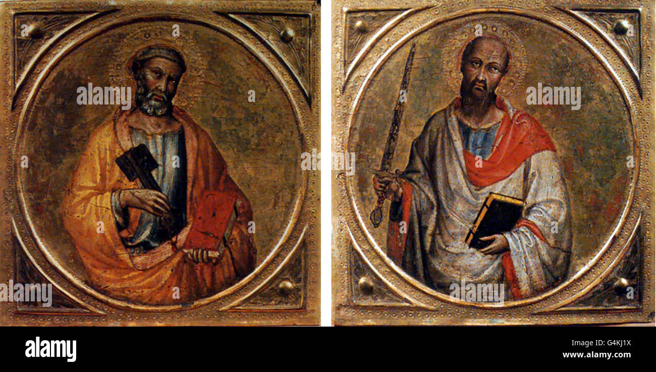 Catálogo de las pinturas de Martino di Bartolommeo de San Pedro (izquierda) y San Pablo (1420), una de las pinturas robadas de la Galería de Arte de la Ciudad de York en enero de 1999 que han sido recuperadas. Foto de stock