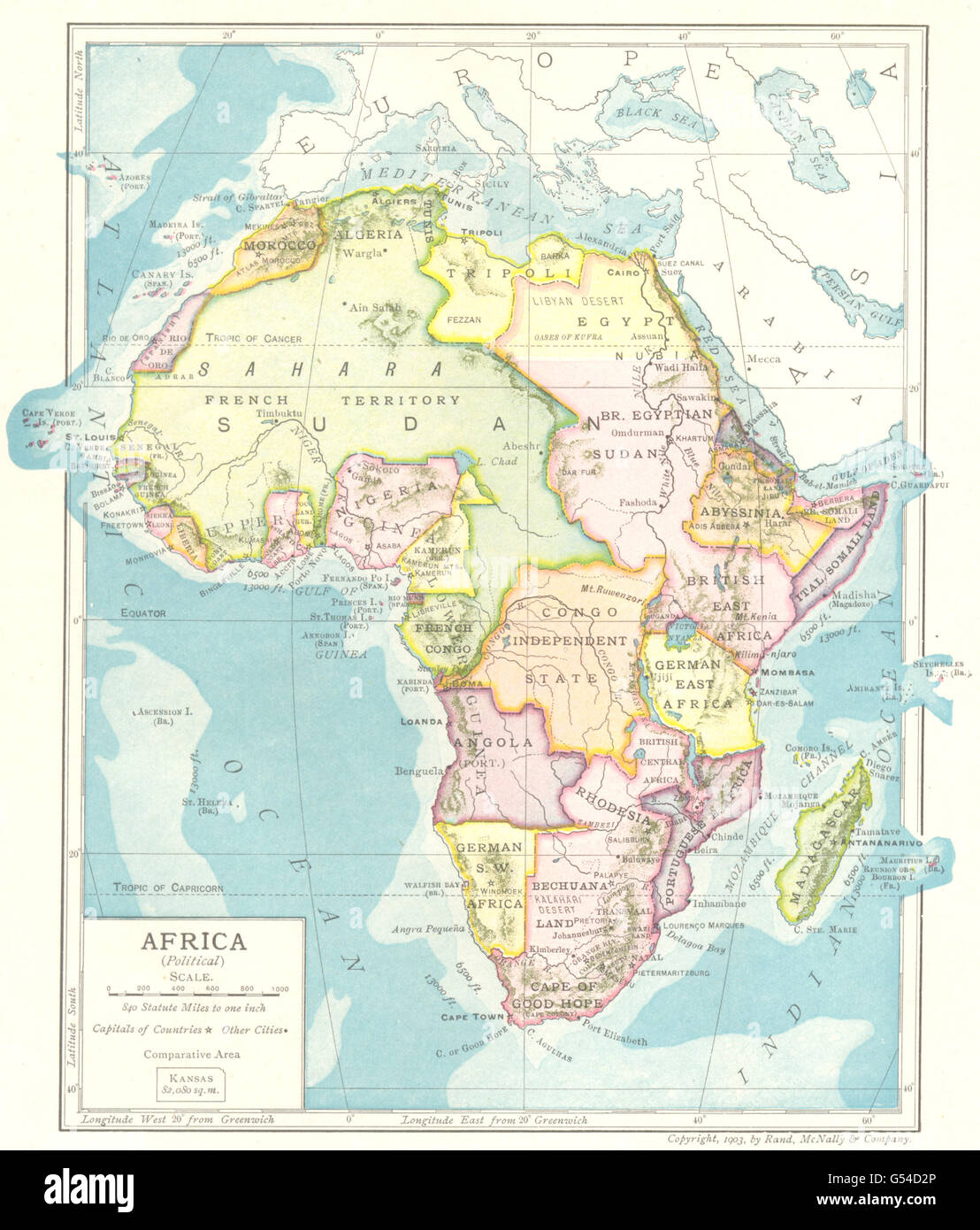 África colonial. Abyssinia el África Oriental Británica Rhodesia Sudán Francés, 1907 mapa Foto de stock