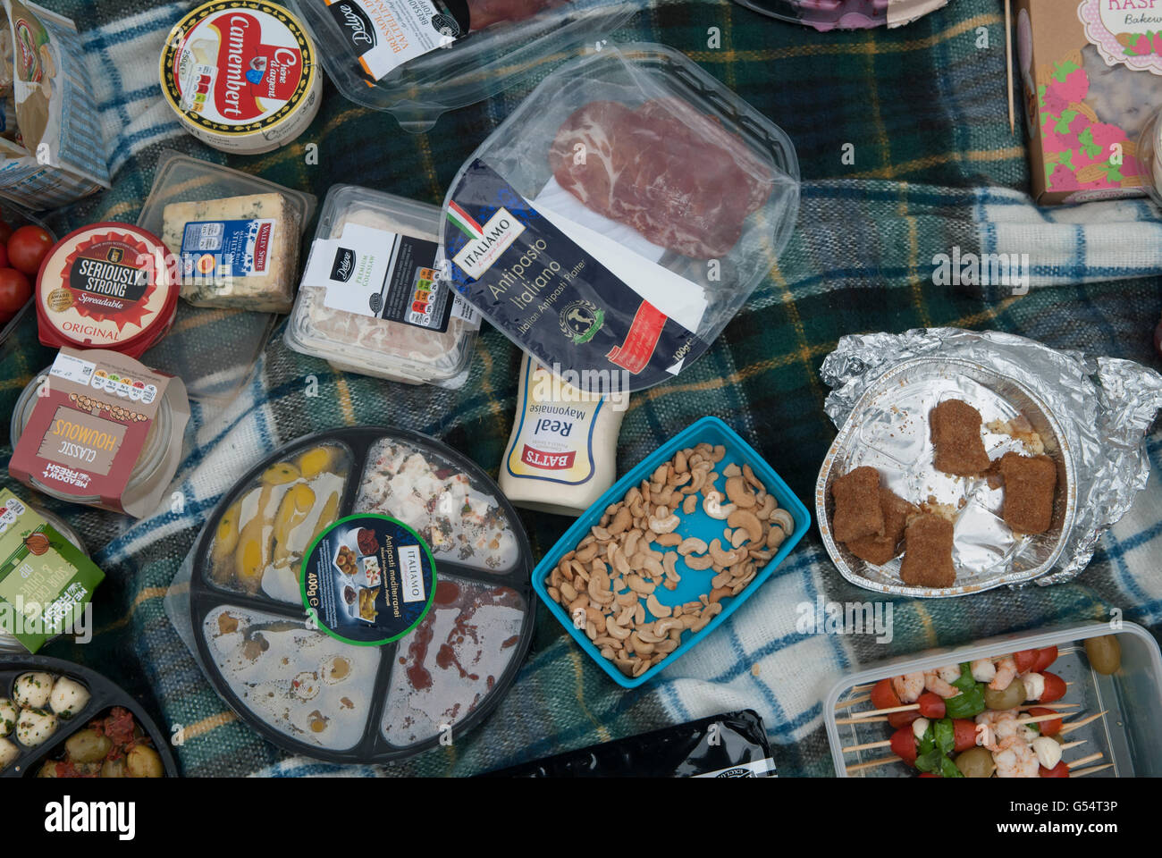 Picnic tienda del Reino Unido compraron comida en un solo uso envoltorios plásticos distribuidos en manta para picnic 2016 2010S HOMER SYKES Foto de stock