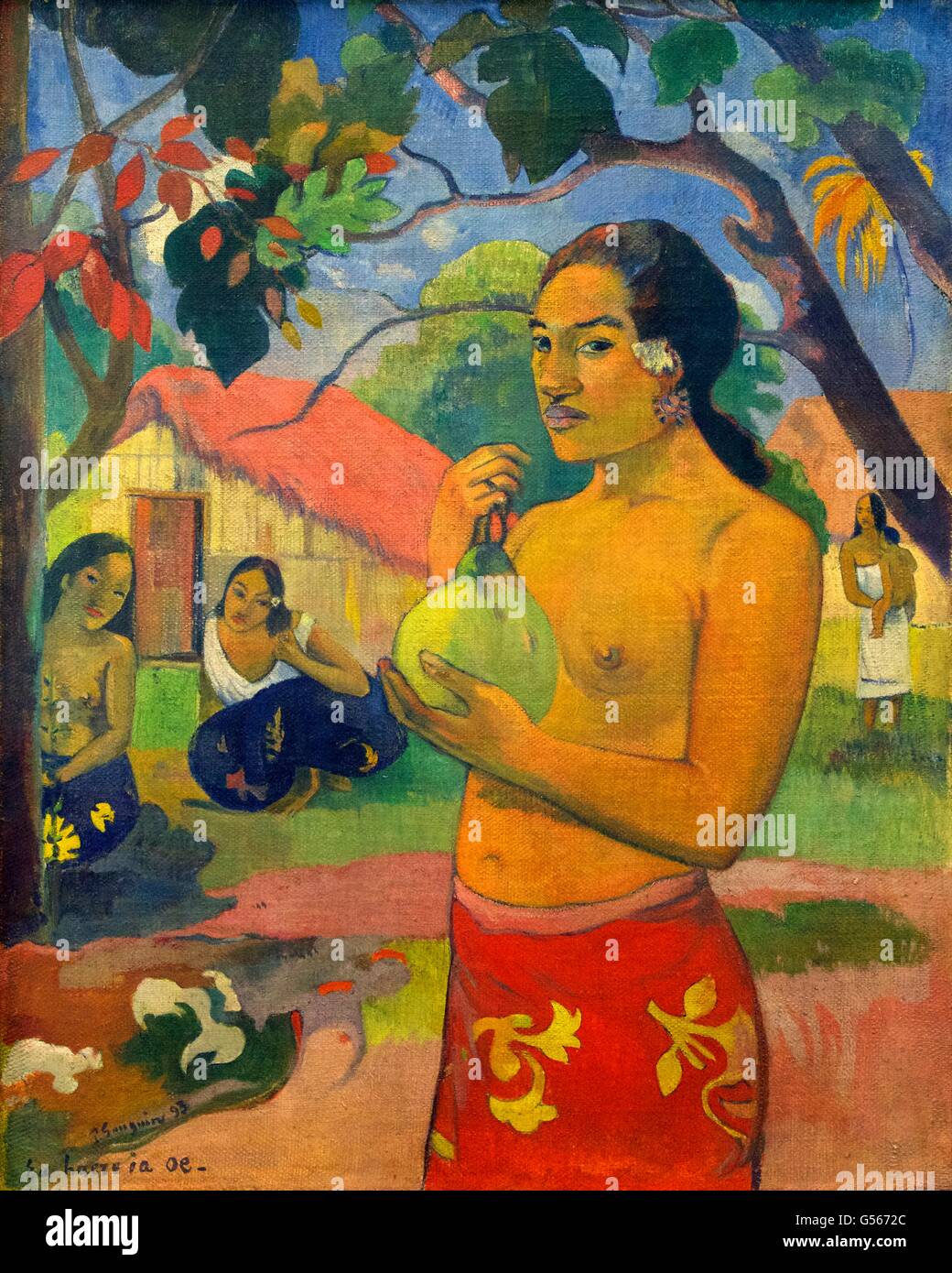 Mujer sosteniendo un fruto, donde vas?, ue Haere ia Oe, por Paul Gauguin, 1893, el Museo Estatal del Hermitage, San Petersburgo, Foto de stock