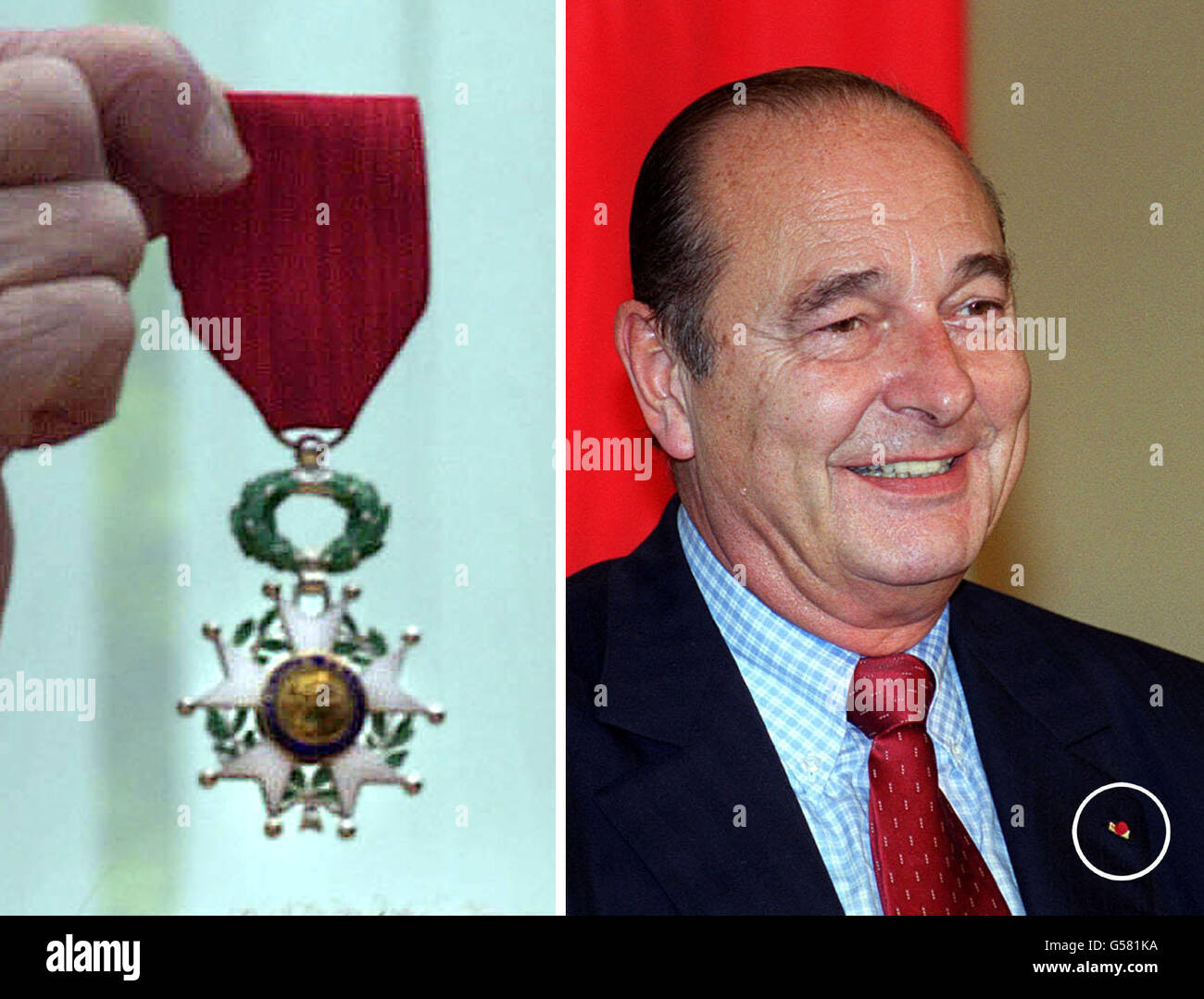 La Legion d'honneur francesa que también puede ser usada como boutonniere - como lo hizo (a la derecha) el Presidente Chirac. Ha surgido que la Reina y otros miembros superiores de la Familia Real están a favor de una insignia de solapa similar. *.. Permitiendo a los ganadores de honores, como el MBE, OBE y CBE, llevar una discreta insignia diaria de sus premios. En la actualidad, los titulares de honores están limitados a llevar sus medallas, o versiones miniatura permitidas de insignias, en raras ocasiones formales. Sin embargo, pueden utilizar las letras apropiadas, como OBE por ejemplo, después de sus nombres. Foto de stock