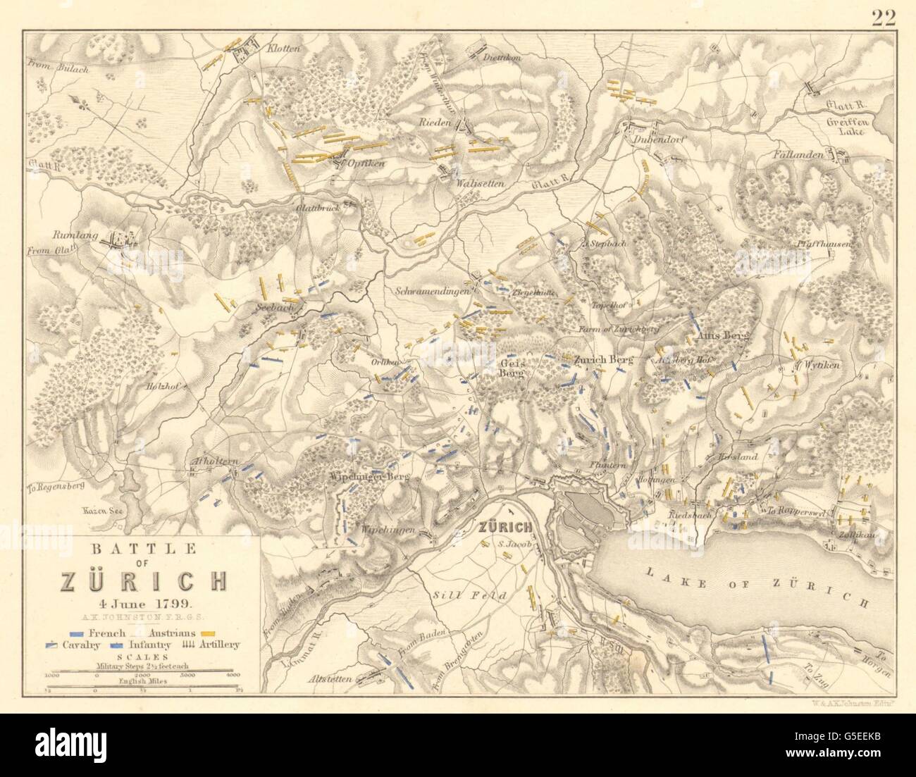Batalla de Zürich/Zurich: 4º de junio de 1799. Guerras Napoleónicas, 1848 mapa antiguo Foto de stock