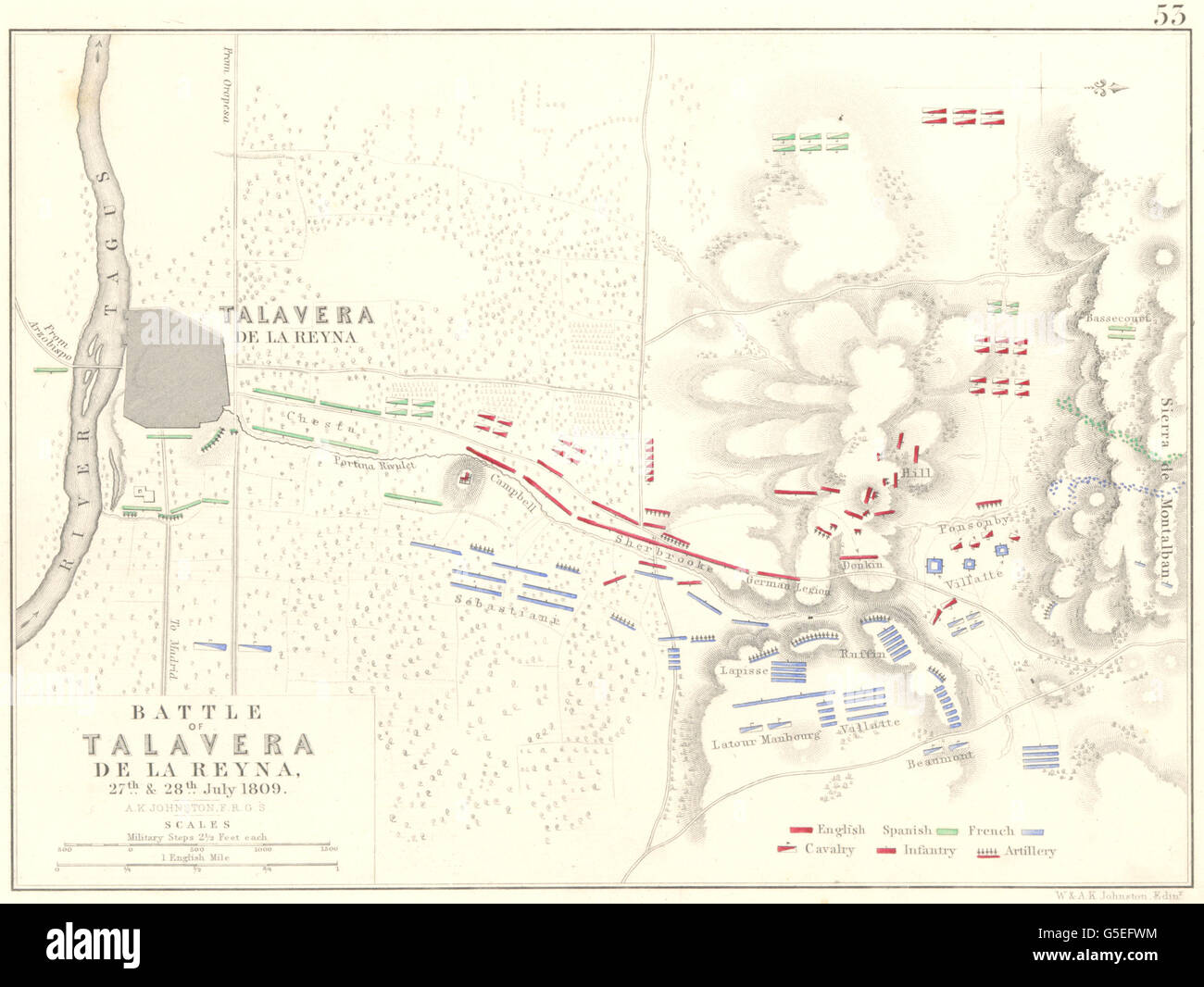 Batalla de TALAVERA DE LA REYNA: 27 y 28 de julio de 1809. España, 1848 mapa antiguo Foto de stock