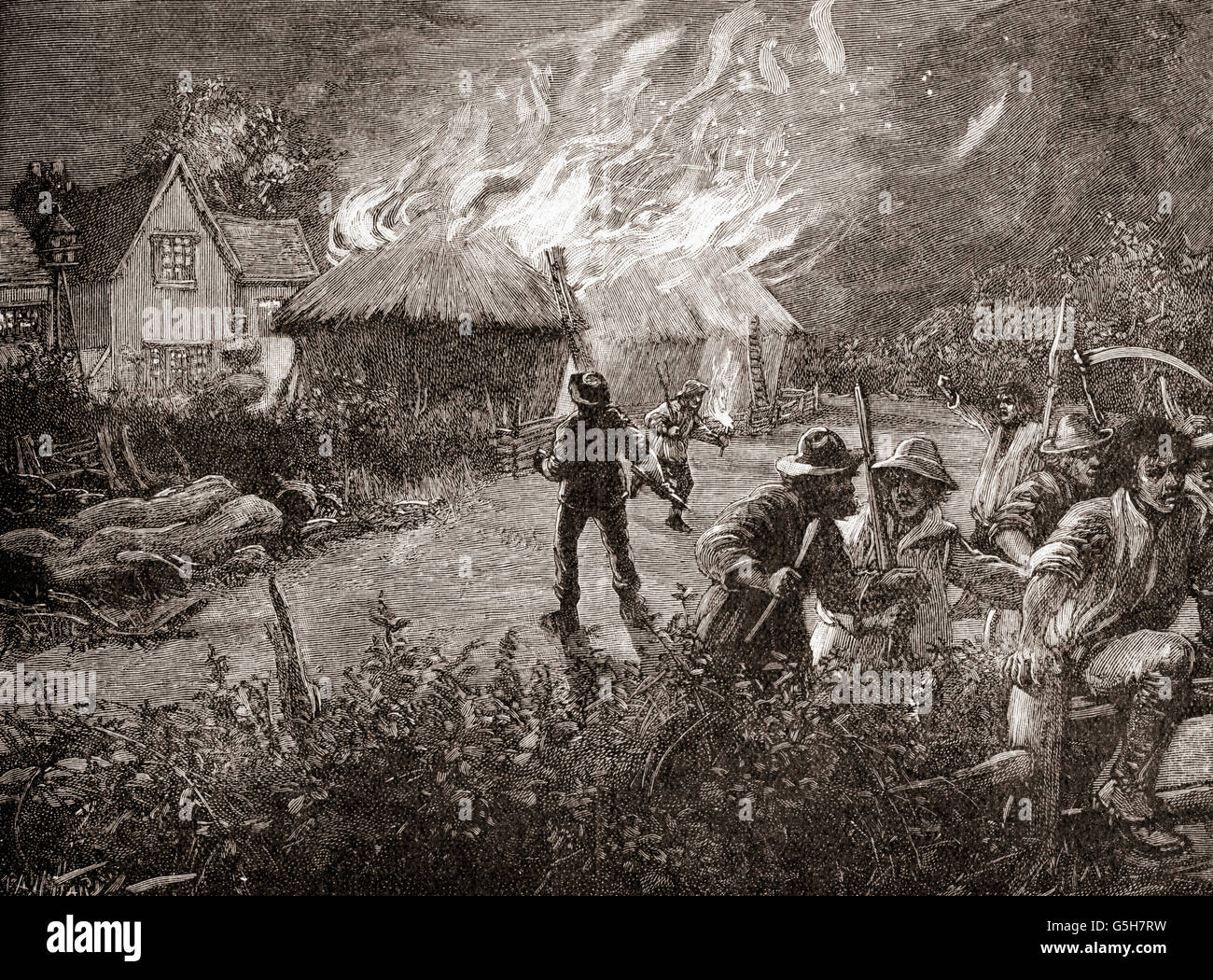 Una turba en Kent, Inglaterra quemando un hayrick en una granja durante el swing, los disturbios de 1830. Foto de stock
