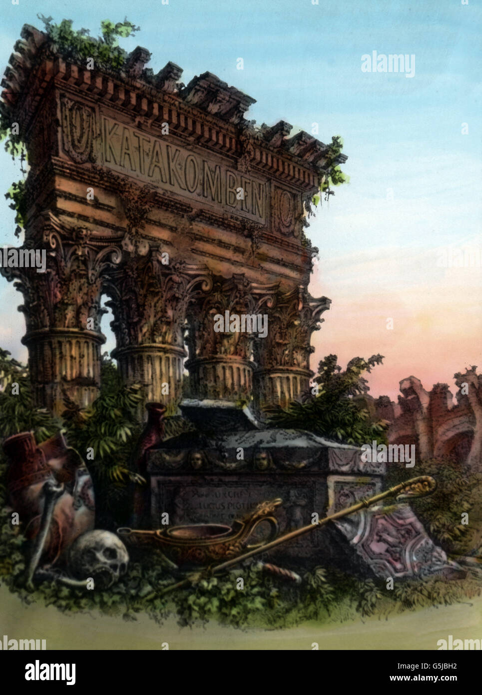 Titelbild ha zum Glasdia 'Die' Katakomben Vortrag von Carl Simon, Deutschland 1920er Jahre. La imagen de la cubierta de la platina de vidrio ponencia "Las catacumbas" por Carl Simon, Alemania 1920. Foto de stock