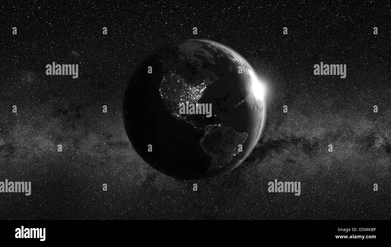 El planeta Tierra. Cielo nocturno y las luces de la ciudad (de América del Norte y del Sur) con iluminado y mapa detallado red. Foto de stock