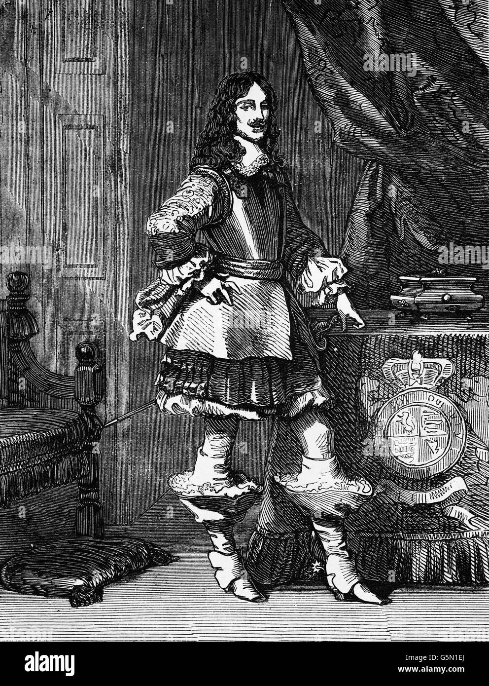 Carlos II fue restaurado como monarca de los Tres Reinos de Inglaterra, Escocia e Irlanda en 1660. Su padre, Carlos I, fue ejecutado en Whitehall el 30 de enero de 1649, en el momento culminante de la guerra civil inglesa. Foto de stock