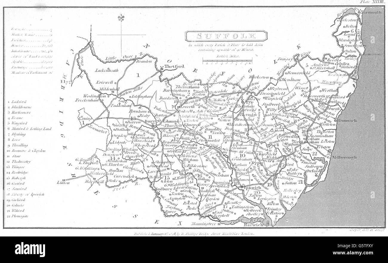 Aves: Suffolk: bastante escasa pequeño mapa del condado. , 1808 Foto de stock