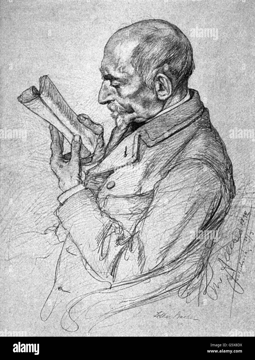 Bucher, Lothar 25.10.1817 - 12.10.1892, funcionario alemán, político y periodista, longitud media, dibujo de Christian Wilhelm Allers, 1892, Copyright del artista no ha de ser borrado Foto de stock