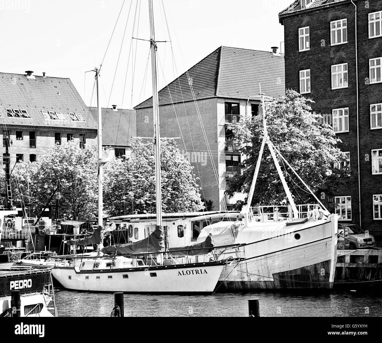 Copenhague, Dinamarca: vista de Christianshavn puerto desde uno de los canales de mar cruzando el trimestre: Foto de stock