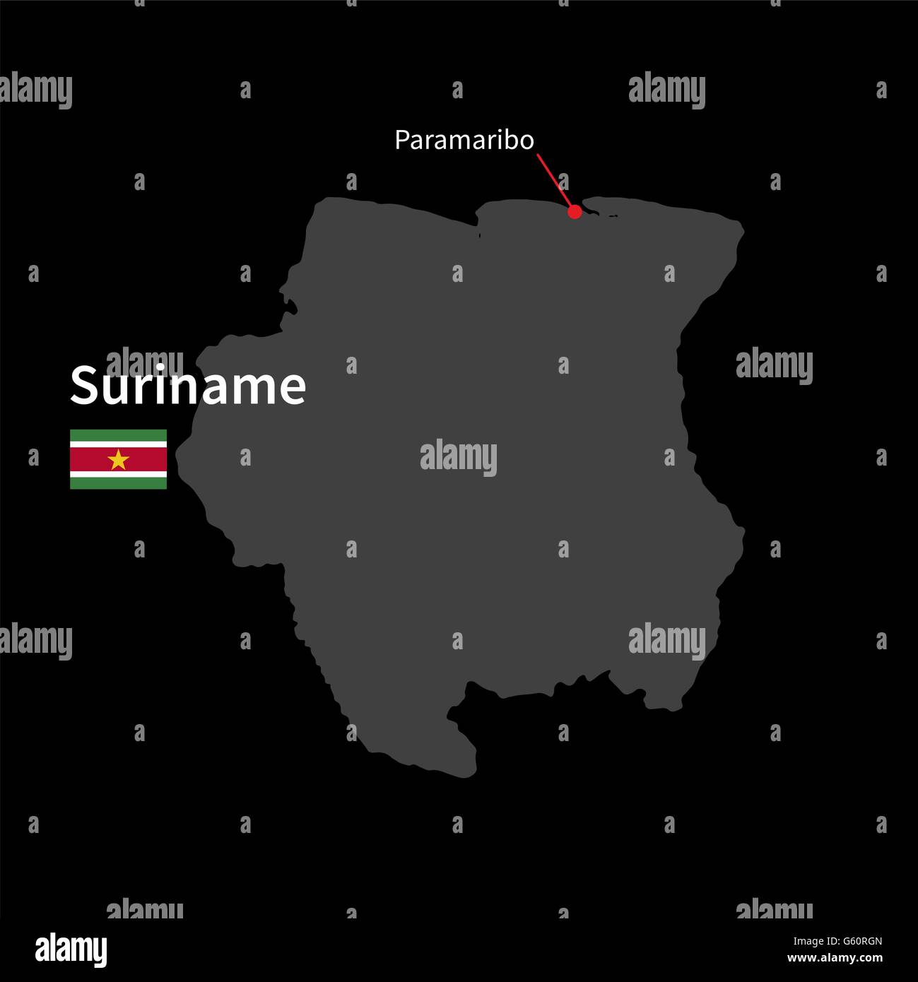Mapa detallado de Suriname y la capital Paramaribo con bandera sobre fondo negro Ilustración del Vector