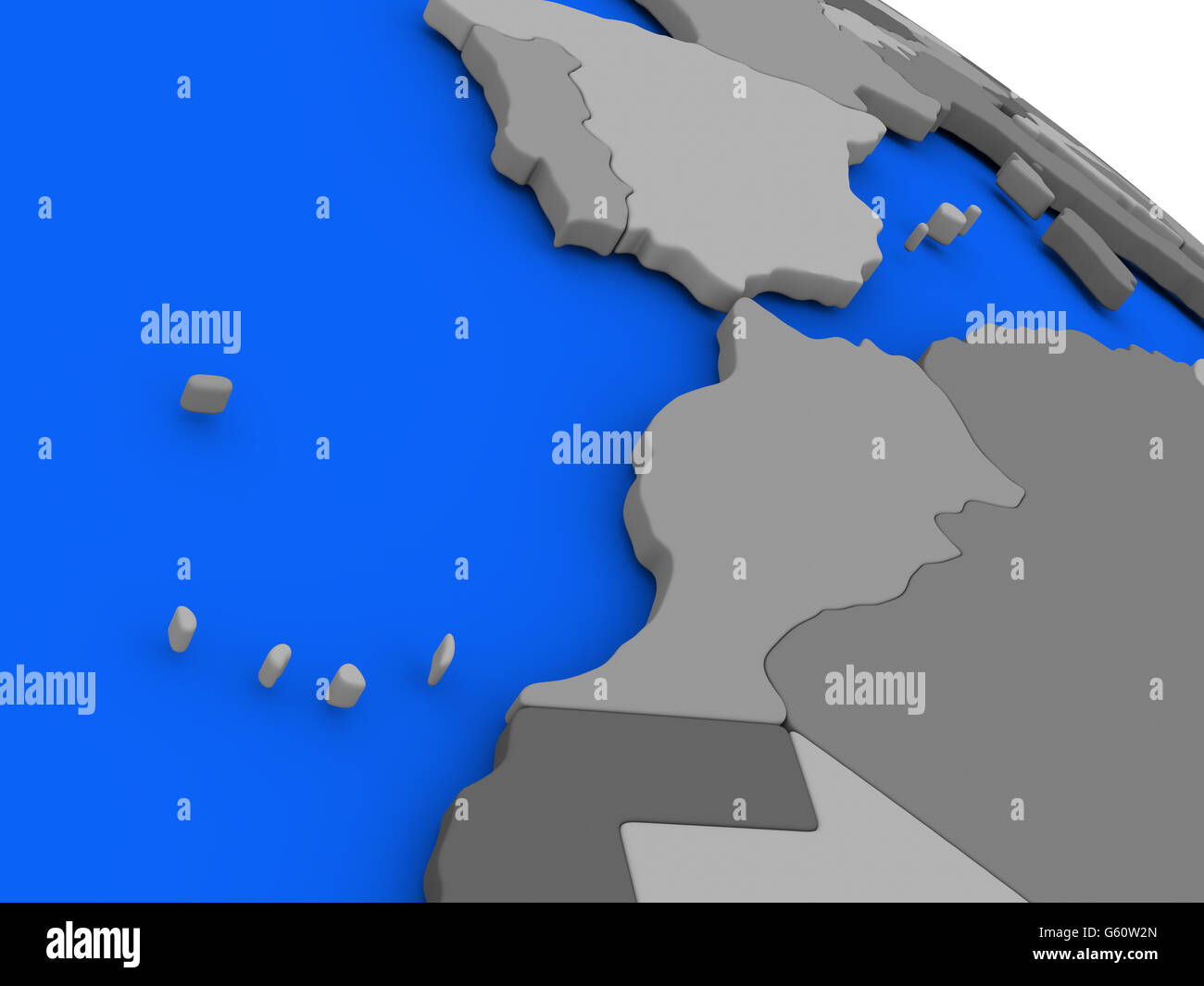 Mapa de Marruecos en el modelo 3D de la Tierra con los países en diversos tonos de gris y azul de los océanos. Ilustración 3D Foto de stock