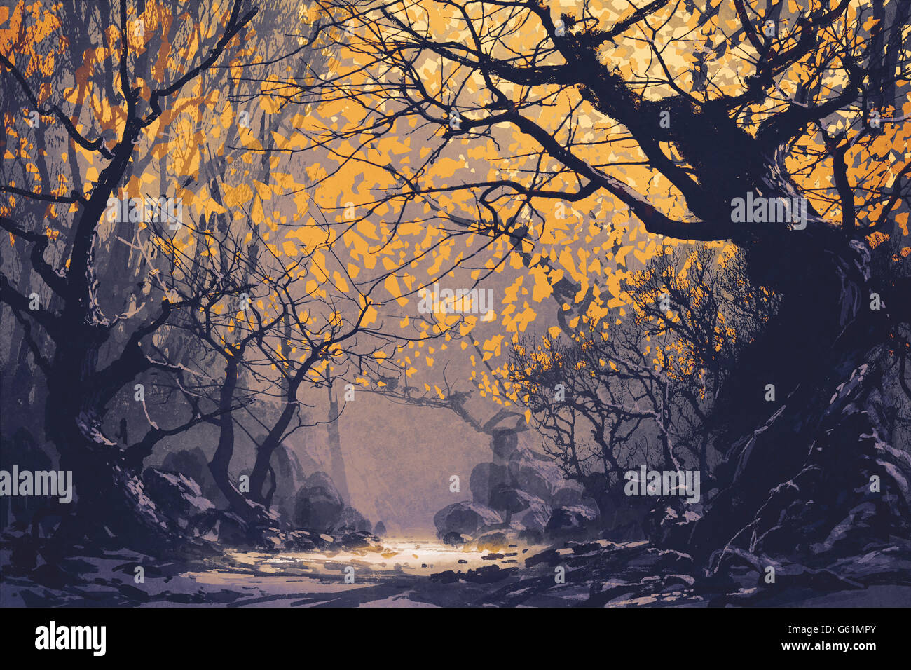 Escena nocturna del bosque de otoño,paisaje pintura Foto de stock
